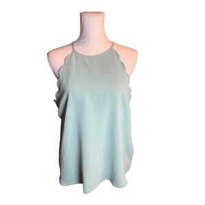 Iris Scalloped Halter Neck Tank Top Sage Green Crepe Sleeveless Cottage L NEW